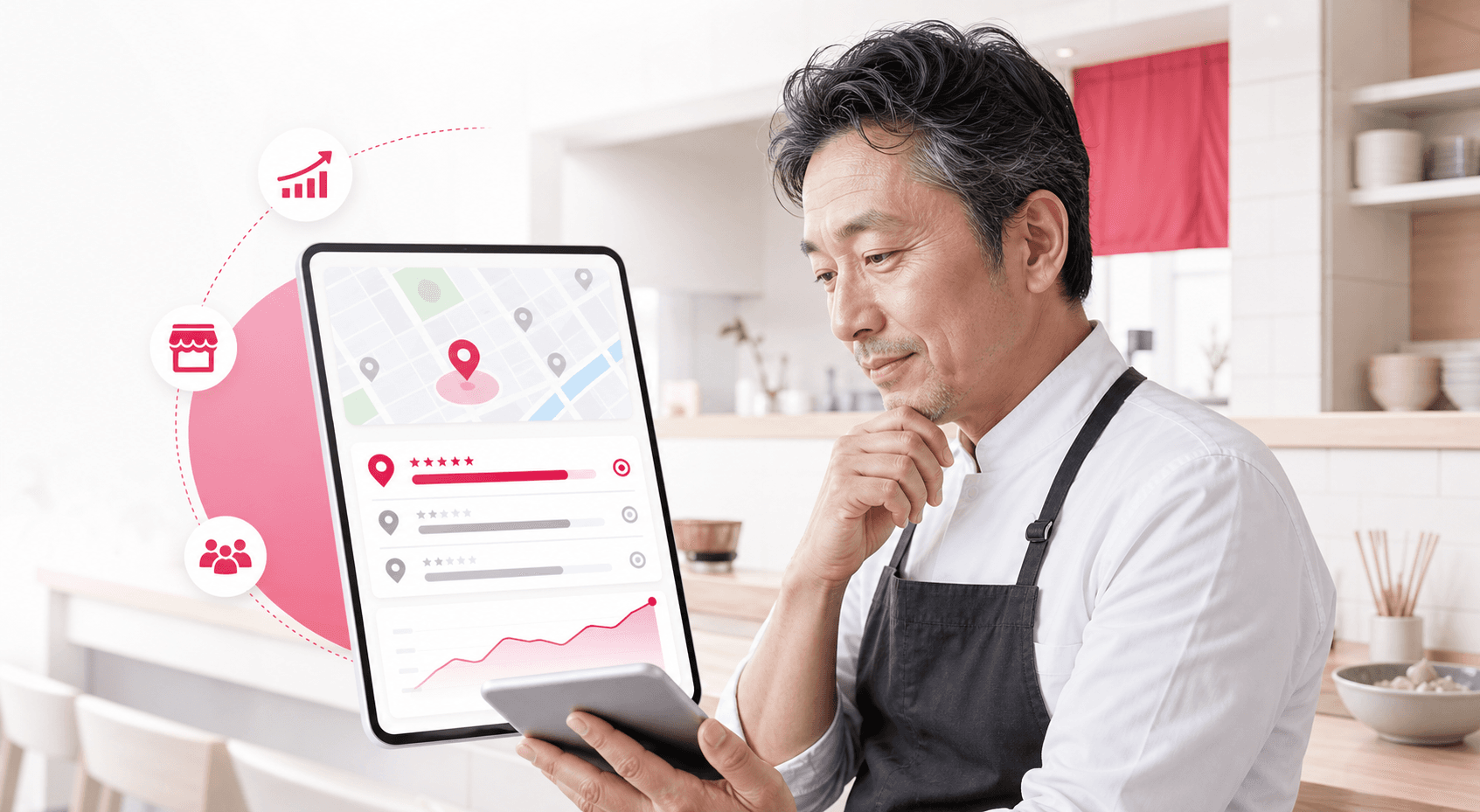 飲食店オーナーがMEO診断レポートを確認しているイメージ